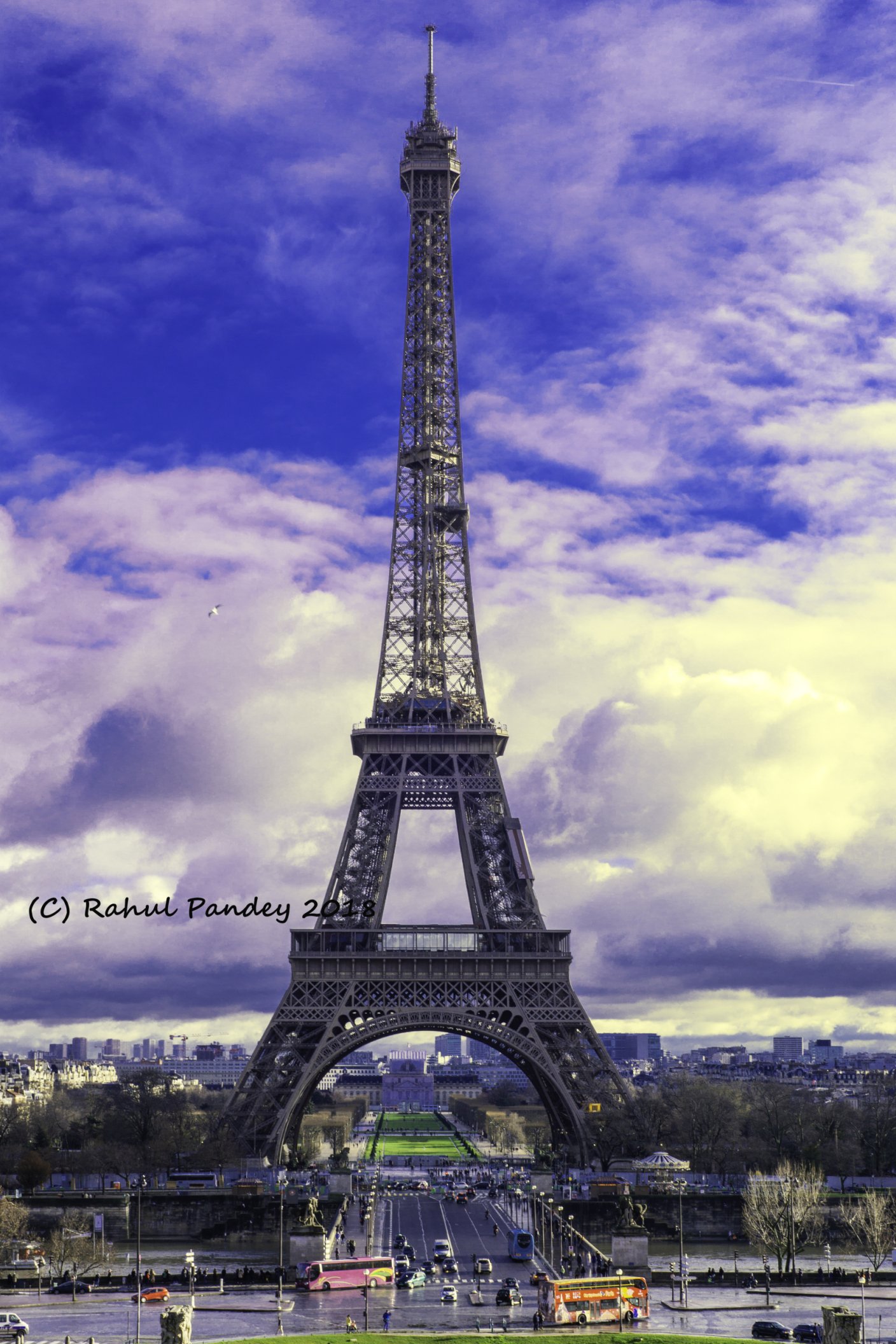 Eiffel Tower,, after a heavy winter downpour.