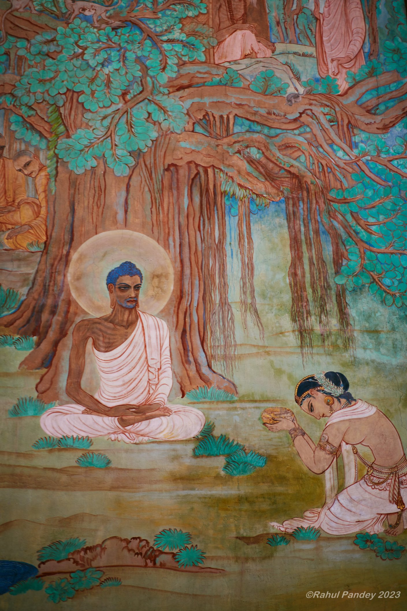 Fresco of Buddha and Devotee at Mulagandha Kuti Vihara - Sarnath