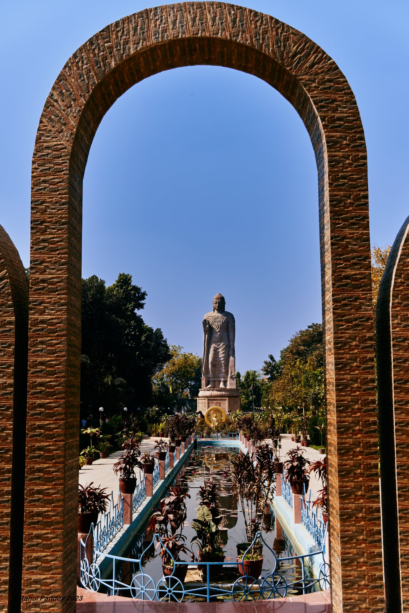 The Giant Buddha, from gates of Thai Monastery, Sarnath